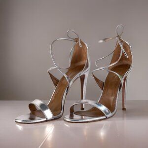 AQUAZZURA Linda 105 Silver Leather Ankle Tie High-Heel Sandals - Size 38.5